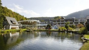 Hotel Deimann - Hotel Park View over the house pond and the park to the houses of the Hotel Deimann, Schmallenberg, Hochsauerland
